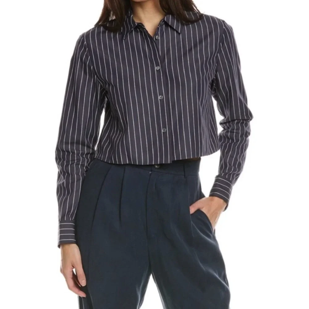 Theory Navy Pinstripe Cropped Button-Down Shirt Size Small - Picture 1 of 13